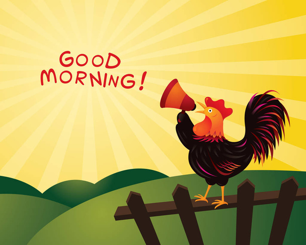 Rooster Crowing and Announcing with Megaphone, Good Morning - Vector, Image