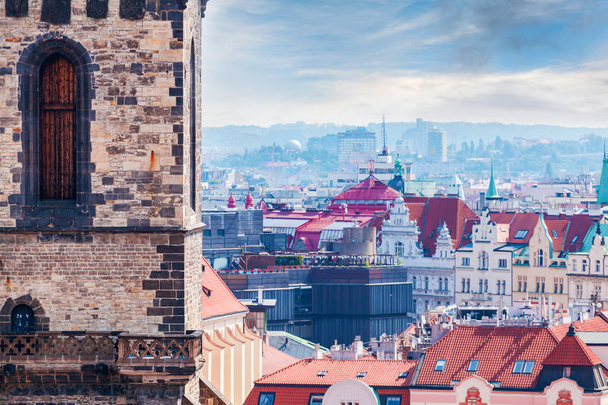 Tyn Church details against the backdrop of the city, Prague - Photo, Image