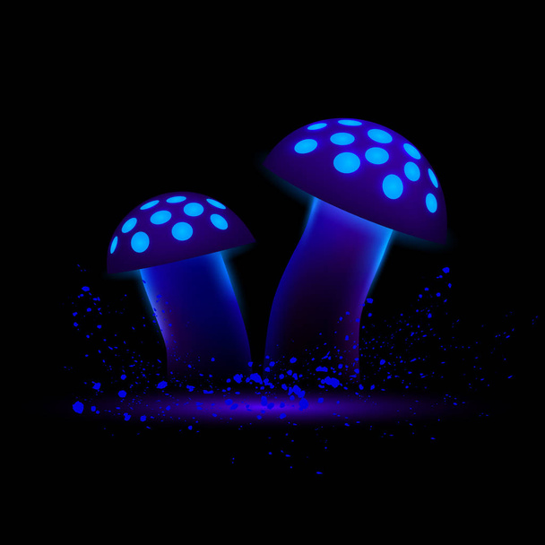 Blue neon mushrooms. Glowing magic agaric on a black background. - Vector, Image