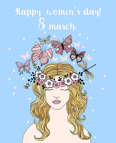 Happy Women's dag! 8 maart. Meisje met blond haar en bloemen krans - Vector, afbeelding