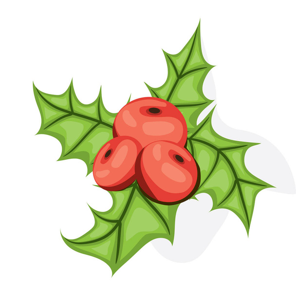 Holli berry - Christmas symbol. Flat vector illustration. Ref berries and green leaves isolated on white background - Vecteur, image