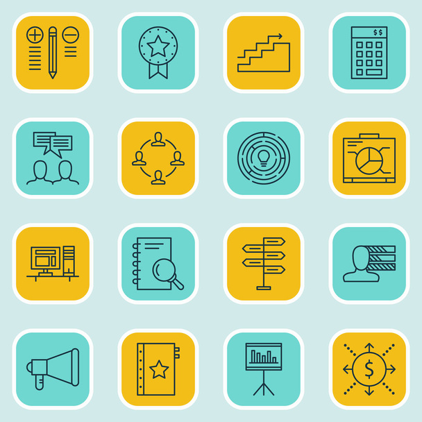 Set Of 16 Project Management Icons. Can Be Used For Web, Mobile, UI And Infographic Design. Includes Elements Such As Growth, Advertising, Brainstorm And More. - Vetor, Imagem
