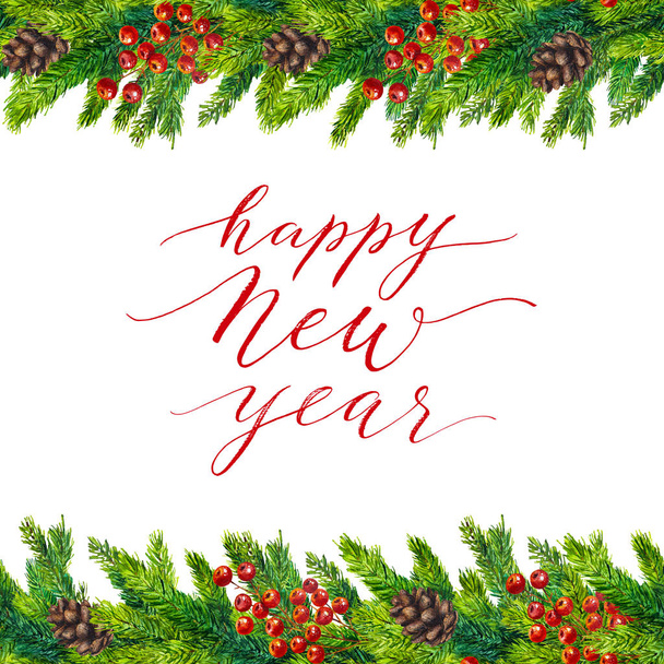 Happy New Year text on watercolor christmas border - Foto, afbeelding