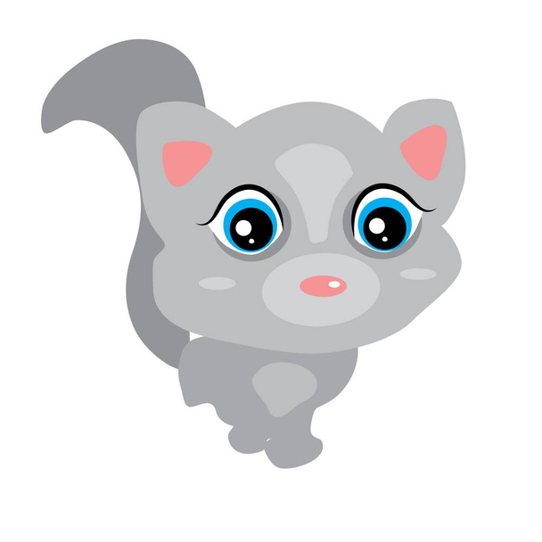 Серый милый котенок с большими глазами, розовыми ушами. Симпатичный мультяшный персонаж. Коллекция домашних животных Кавайи. Плоский дизайн. Векторная иллюстрация
 - Вектор,изображение
