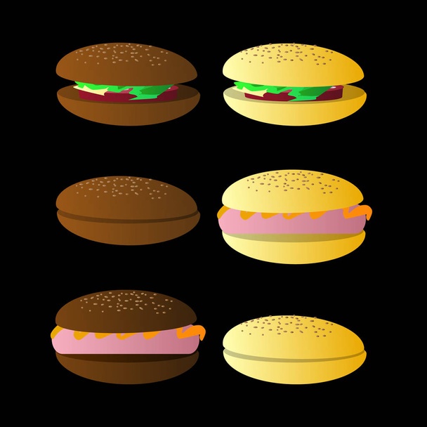bun sandwich. On a black background. Illyuchtration eps 10 vector. Use for the press, the websites, an undershirt, a t-shirt, registration, design. with sausage a leaf fresh salad, cheese, mustard. Wh - Vector, Image