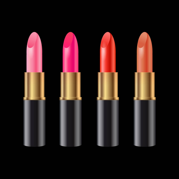 Set of realistic lipsticks in black tube with shadow - Vektor, Bild