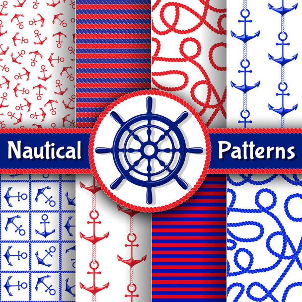 Nautische blauwe en rode naadloze patronen ingesteld op witte achtergrond - Vector, afbeelding