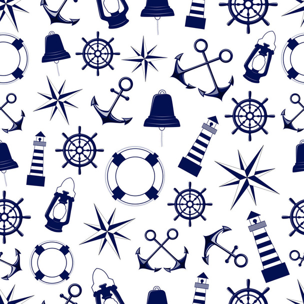 Námořní modrá symboly vzor na bílém pozadí - Vektor, obrázek