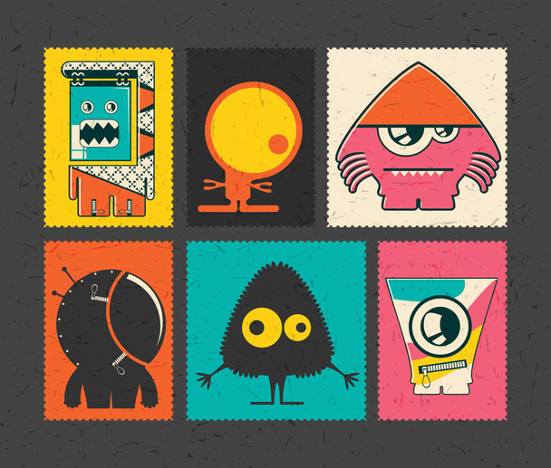 Set of six retro postage`s stamp with funny monsters on different color background - Vektor, Bild
