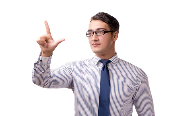 Νεαρός επιχειρηματίας όμορφος πατώντας κουμπιά που απομονώνονται σε λευκό - Φωτογραφία, εικόνα