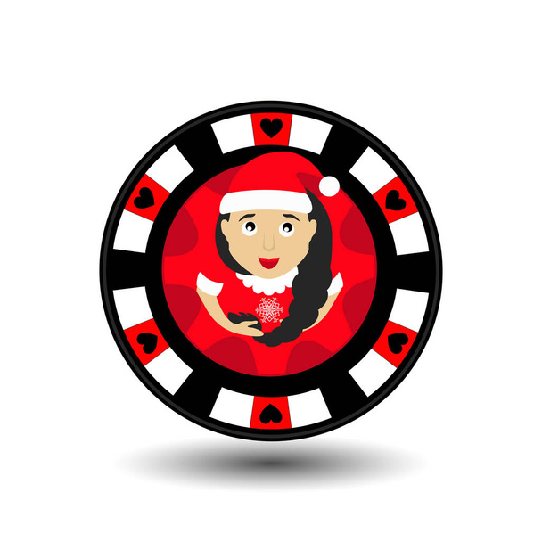 チップ ポーカー カジノ クリスマス新年。ホワイト バック グラウンドを分けるために簡単にアイコン ベクトル イラスト Eps 10。サイト、デザイン、装飾、印刷などに使用します。女の子サンタ クロースの真ん中に - ベクター画像