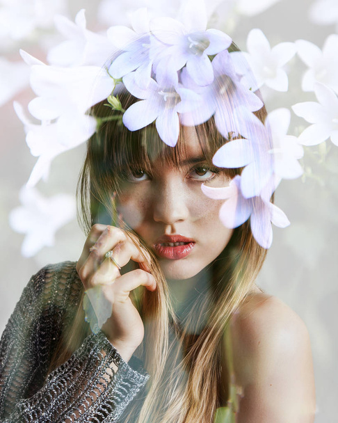 Double exposure of beautiful girl with freckles and white flowers - Photo, image