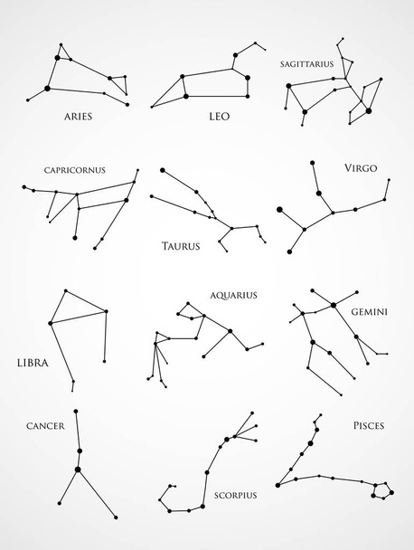 Set van de dierenriem sterrenbeelden. Set Horoscoop: RAM, Leo, Boogschutter, Steenbok, Taurus, Maagd, Weegschaal, Waterman, Tweelingen, kanker, Scorpio, vissen. Vectorillustratie. Eps10 - Vector, afbeelding