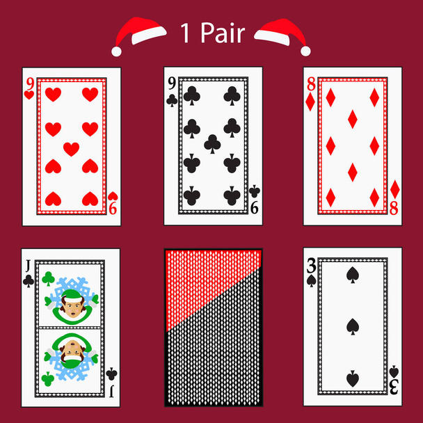 jeden pár hrací karty poker kombinace. vektorové ilustrace eps 10. Na červeném pozadí. Chcete-li použít pro registraci, webové stránky, design, tisk dresinkem, atd. - Vektor, obrázek
