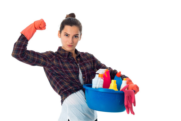 young maid woman with cleansers - Photo, Image