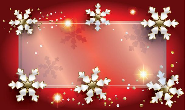 Mutlu Noeller ve mutlu yeni yıl tebrik kartları parıldayan toplar, köknar ağacı, düşen kar, ışıltı, 3 boyutlu altın kar taneleri, konfeti ile kırmızı arka plan. 2021 Noel dekorasyon ışık efekti. Vektör kartı şablonu. Kış tatili çerçevesi boş sayfa daveti - Vektör, Görsel