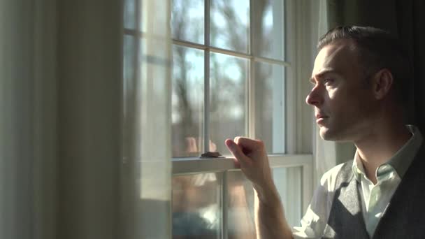 a thoughtful man peers outside - Filmmaterial, Video