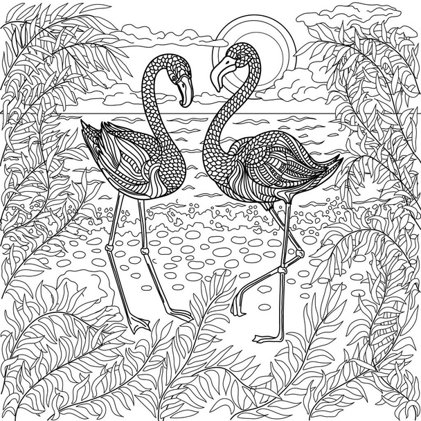 Kézzel rajzolt madarak - flamingók, a tengeri strandon - Vektor, kép