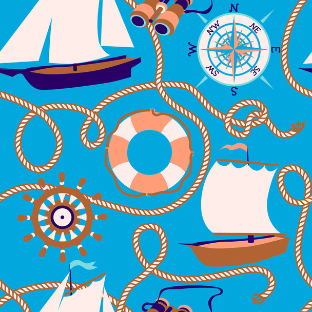 Seamless pattern - marine life with sailboats, lifebuoys, steeri - Vector, Image