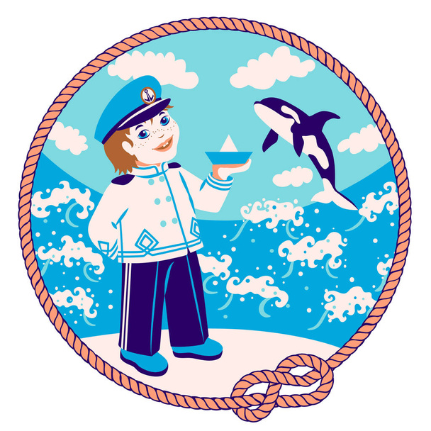 Imprimir - engraçado cartoon capitão-marinheiro com barco de papel
 - Vetor, Imagem