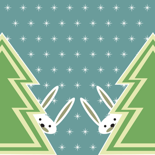 Fundo de férias vetorial com dois coelhos bonitos e pinheiros
. - Vetor, Imagem