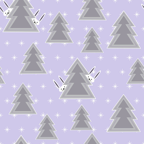 nahtloses Muster mit Nadelbäumen und Hasen, die Verstecken spielen. nahtloses Muster mit winterlicher Waldlandschaft in grauen, weißen und lila Farben. Vektor. - Vektor, Bild