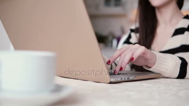 beautiful young brunette woman uses laptop in a bright dining. slider to the right - Séquence, vidéo