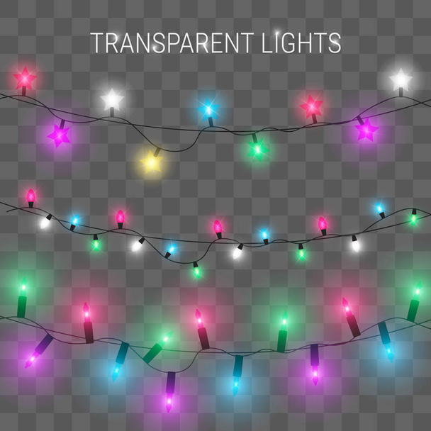 Weihnachtsbeleuchtung. leuchtende Girlande auf transparentem Hintergrund - Vektor, Bild