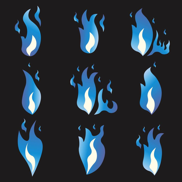 Set von blauen Feuer Animation sprite Flammen. Cartoon und flacher Stil. schwarzer Hintergrund. Vektorillustration. - Vektor, Bild