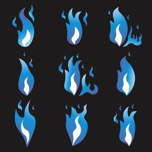 Ensemble de flammes de sprite d'animation de feu bleu. Caricature et style plat. Fond noir. Illustration vectorielle
. - Vecteur, image