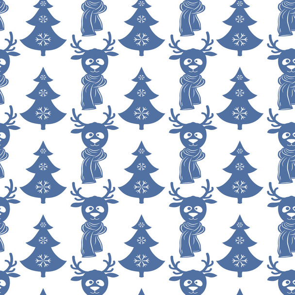 Patrón de Navidad sin costuras con ciervos y árboles. Elementos planos en colores denim sobre fondo blanco. Ilustración vectorial
. - Vector, Imagen