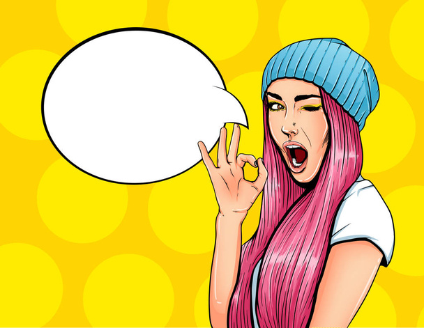 Pop Art Vintage advertising poster comic girl with speech bubble. Pretty girl giving ok gesture - Vector, Image