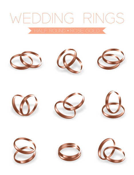 Snubních prstenů Růžové zlato půl kulaté styl psaní 3d sada návrhů ilustrace - Vektor, obrázek