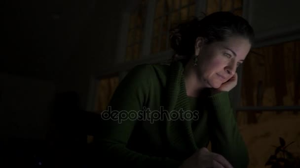 eine Frau, die das Internet allein im Dunkeln nutzt - Filmmaterial, Video