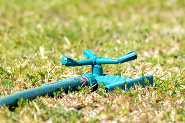  Close up shot of a water sprinkler connected to a garden hose  - Foto, immagini