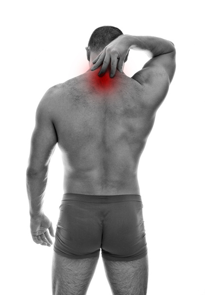 Вид сзади на мускулистого человека с болью в шее. Изолирован на белом. black and whit
 - Фото, изображение