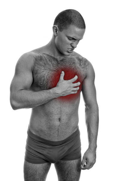 Vista frontal do homem musculoso com dor no peito. Isolado em branco. preto e wh
 - Foto, Imagem