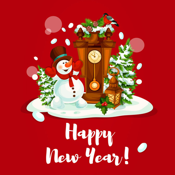 Nieuwjaar ontwerp met sneeuwpop, lantaarn en klok - Vector, afbeelding