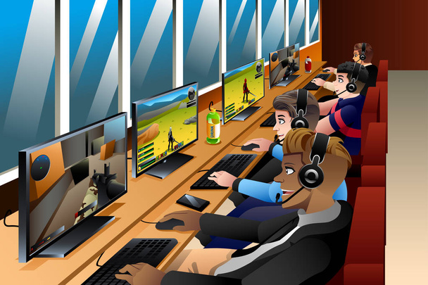Νέοι άνθρωποι παίζουν παιχνίδια σε ένα Internet Cafe - Διάνυσμα, εικόνα