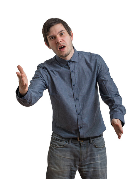 Angry man is arguing and explaining something. Isolated on white background. - Foto, Imagem