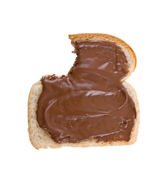Gebissene Scheibe Brot mit Haselnuss und Schokoladenaufstrich - Foto, Bild