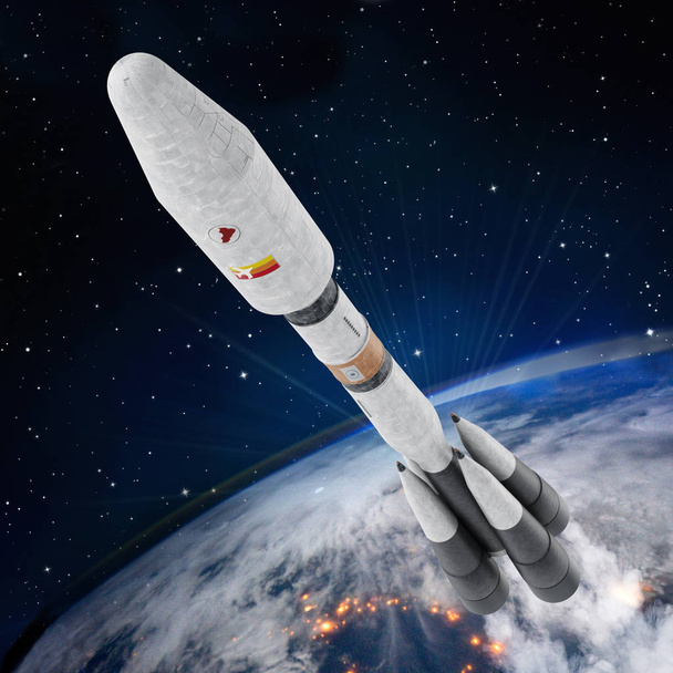 Space rocket leaves Earth's atmosphere. 3D illustration - Foto, Bild