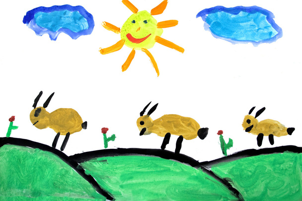 Πραγματικό παιδί σχεδίασης (7 χρονών) που απεικονίζει μια σκηνή της αγροτικής - Φωτογραφία, εικόνα