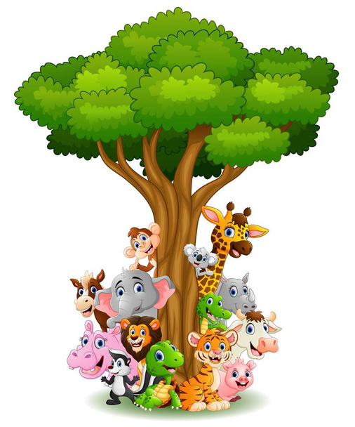 Συλλογή ζώων στέκονται γύρω από το δέντρο - Διάνυσμα, εικόνα