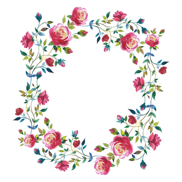 Wildflower rose flower wreath in a watercolor style isolated. - Фото, изображение