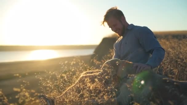 boldog férfi lágyan simogató régi kutya mezőben a sunset - Felvétel, videó