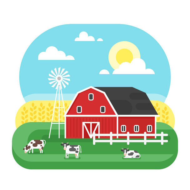Vectorillustratie vlakke stijl van boerderij met koeien. - Vector, afbeelding