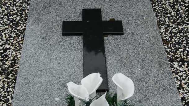 deszcz na kamień grób na cmentarzu - Materiał filmowy, wideo