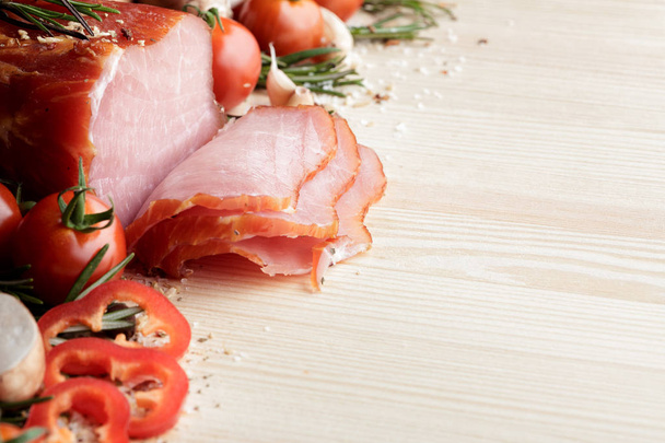 smoked Ham with mushrooms, tomato, garlic and herbs - Photo, image