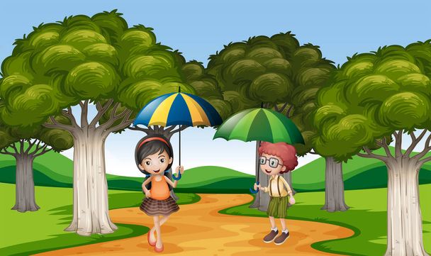 Kaksi lasta sateenvarjon kanssa puistossa.
 - Vektori, kuva